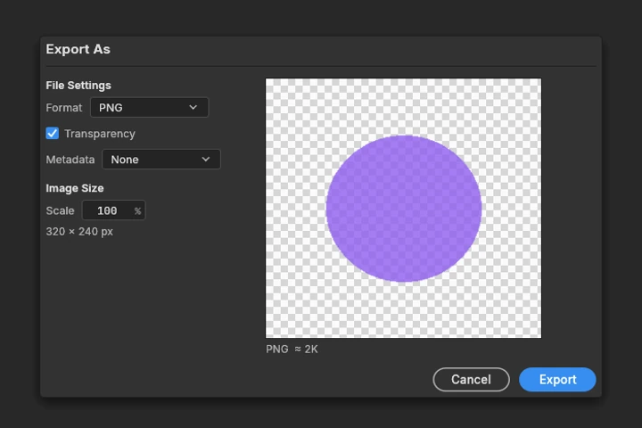 Actual PhotoCraft Export As dialog with a transparent preview and format controls