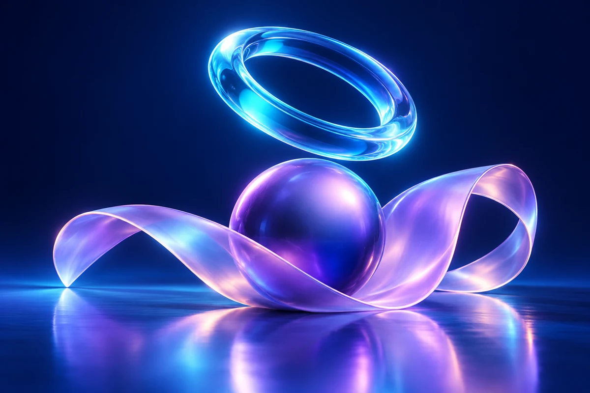 Original abstract illustration of a cyan glass ring, violet sphere and lilac ribbon