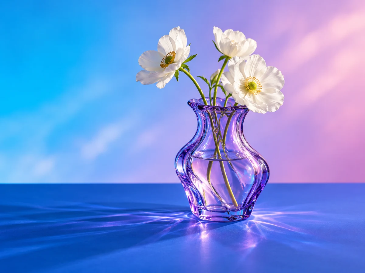 Original practice image of a violet glass vase, white flowers and a blue-pink studio background